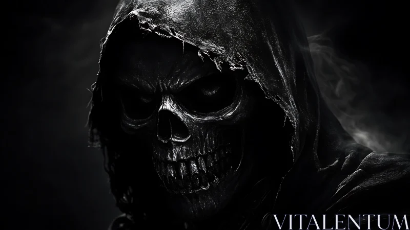 Hooded skeletal reaper portrait in high-contrast monochrome.