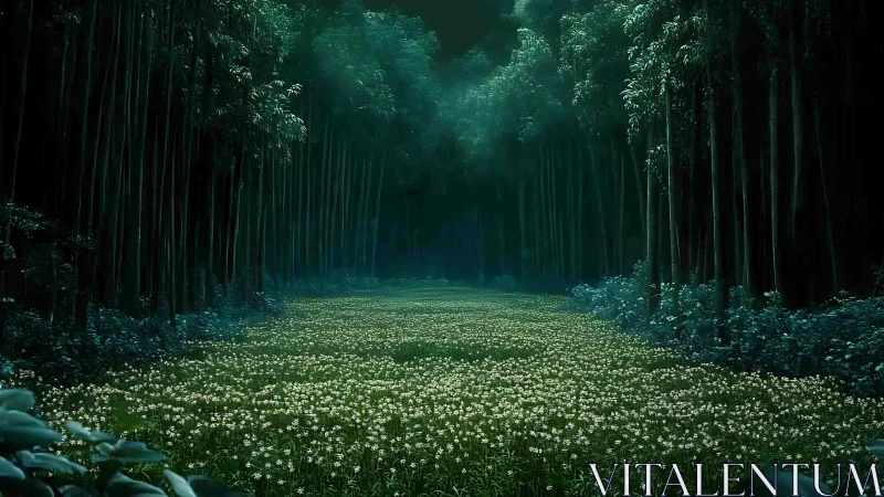 Ethereal Forest Path Through White Wildflowers Under Emerald Canopy