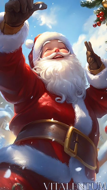 Skyward Santa catching snowflakes in golden holiday light.