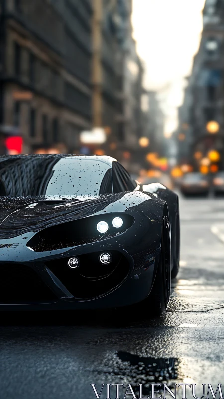 Black supercar idles on wet city street at dusk