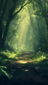 Sunlit forest path with tall trees and luminous atmospheric conditions