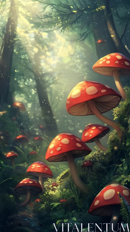 Cluster of red mushrooms in dense forest under soft light.