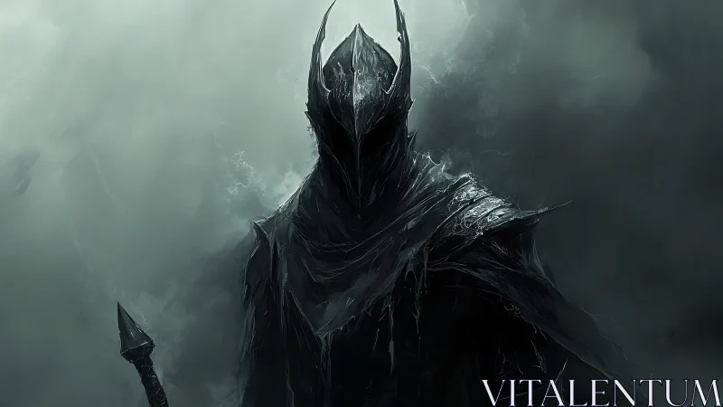 Armored dark knight figure stands in heavy atmospheric fog