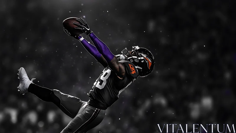 Leaping wide receiver extends for spectacular deep catch.