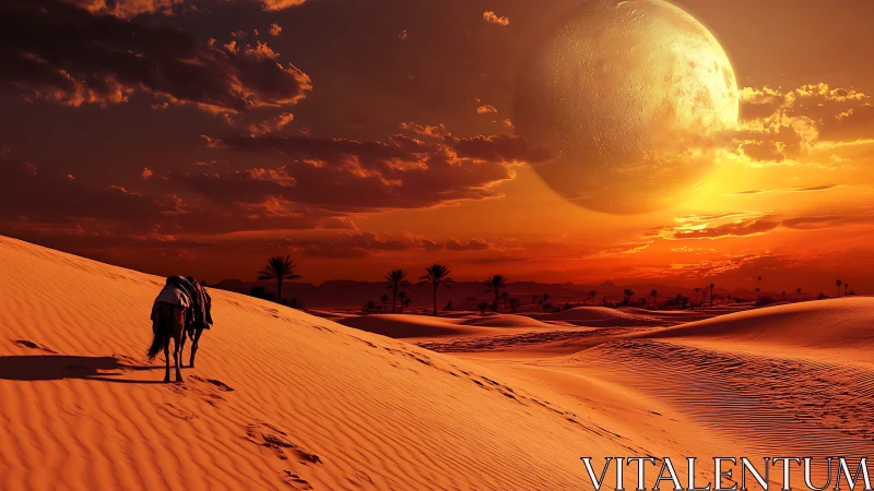 Celestial-scaled desert vista with horse under giant moon.