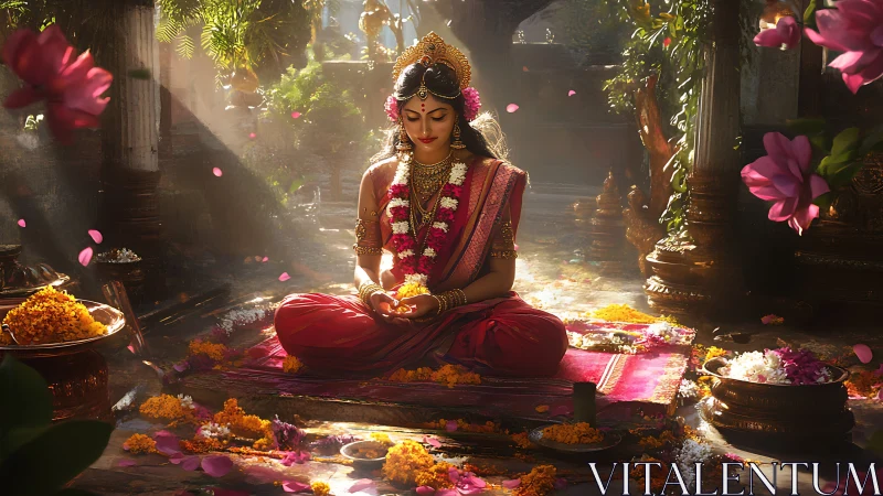 Ritual light scattering over meditative goddess in temple court.