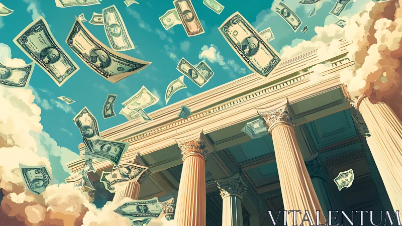 Bank facade stands below swirling falling dollar banknotes