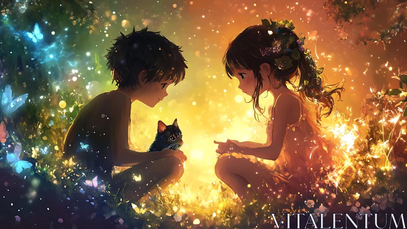 Children share quiet moment with cat in glowing forest.