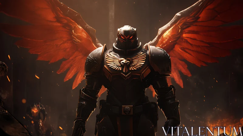 Armored angelic warrior rises amid embers and shadows.