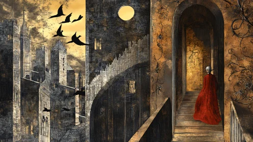 Moonlit stairway oracle crossing a crumbling bronze city.