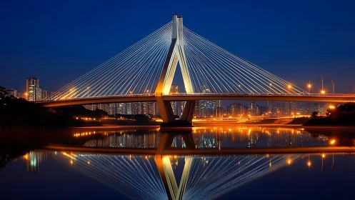 Cable-stayed bridge spans urban river under evening sky