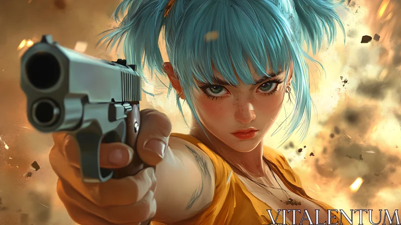 Fierce blue haired heroine holds her ground in blazing chaos