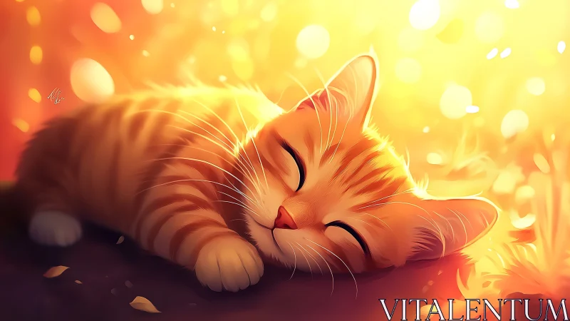 Dreaming Tiger Kitten Basked in Golden Sunlit Warmth.