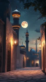 Moonlit Middle Eastern alley with ornate minarets and lamps.