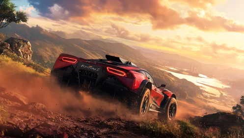 Red off-road sports car on dusty mountain trail at dusk.