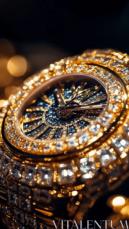 Macro view reveals diamond-encrusted gold luxury wristwatch dial