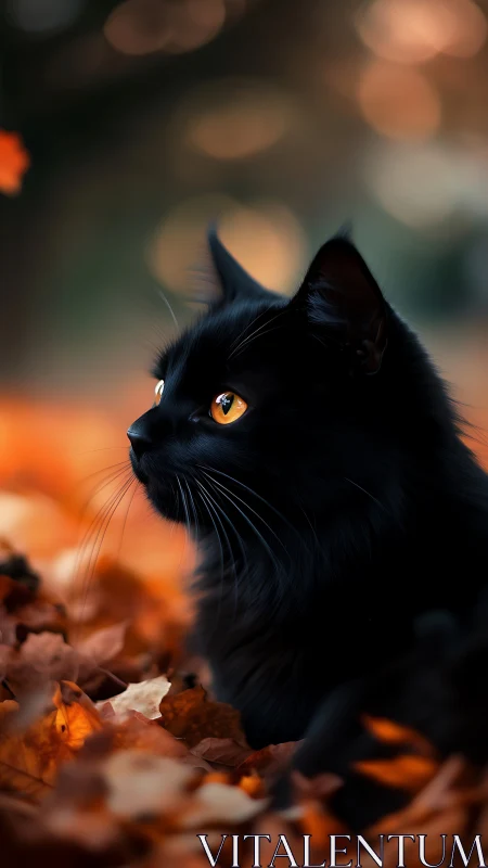 Midnight Gaze: Black Cat in Autumn Warmth.