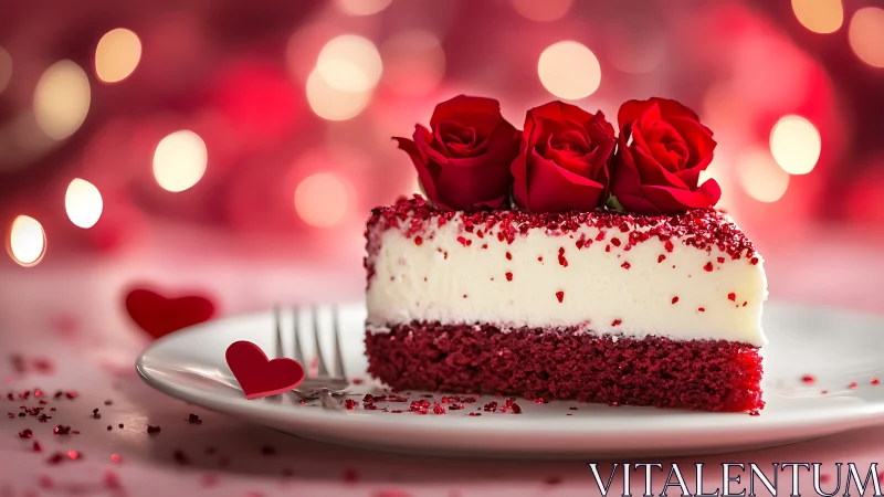 Red Velvet Layered Cake with Rose Toppers and Bokeh Backdrop.
