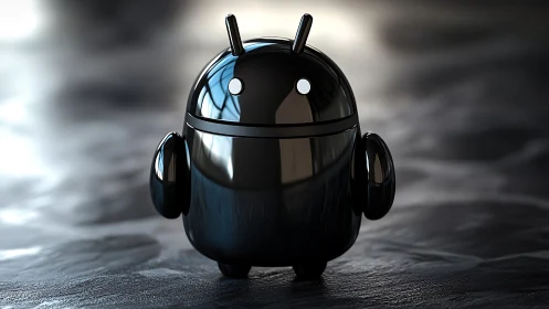 Glossy anthropomorphic robot mascot in reflective black shell.