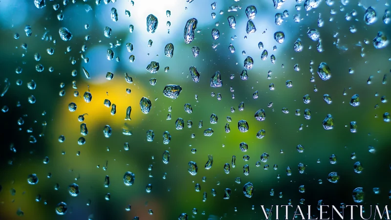 Raindrops on glass with soft bokeh landscape background.
