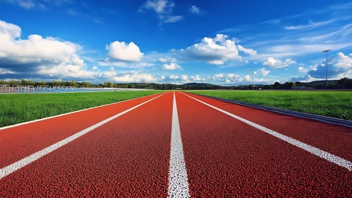 Sunlit athletics track stretching under open blue sky.
