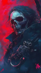 Crimson storm reaper strides through neon-torn twilight.