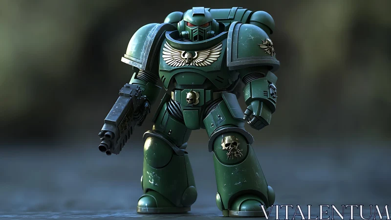 Armored green space marine with bolter in misty setting.
