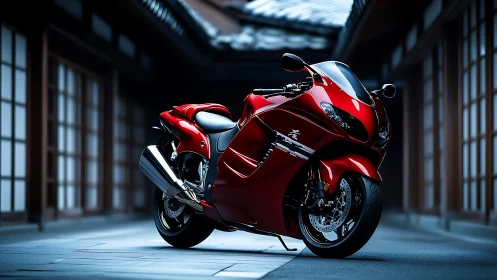 Red sport motorcycle in traditional Japanese courtyard setting.