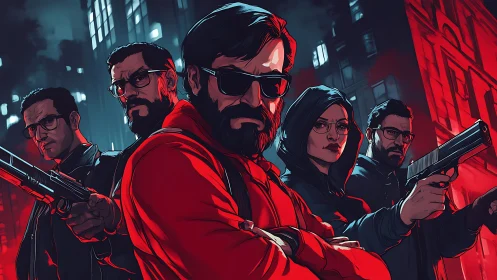 Armed urban strike team under neon red city lighting at night