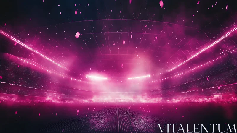 Neon magenta stadium illuminated by cinematic particle flares.