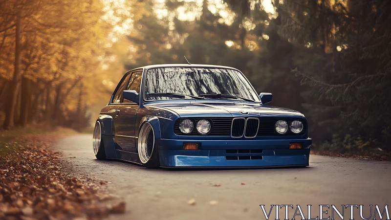 Lowered blue classic sedan on quiet tree-lined road.
