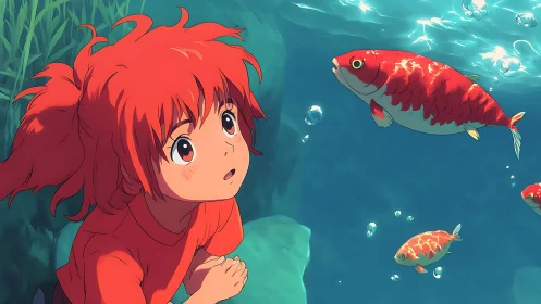 Red haired child watching koi fish underwater scene.