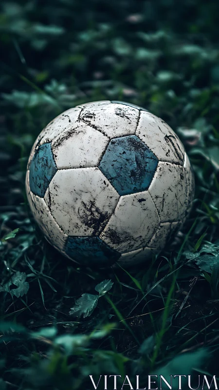 Weathered soccer ball resting gently in quiet green grass.