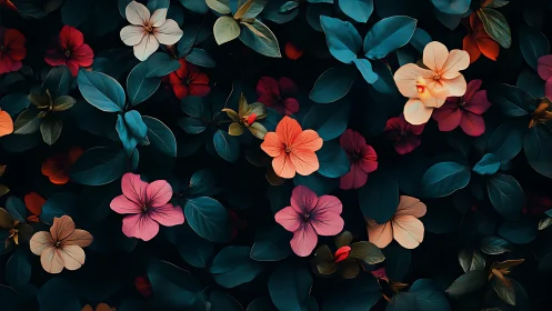 Moody tropical florals glow against deep teal foliage at dusk.
