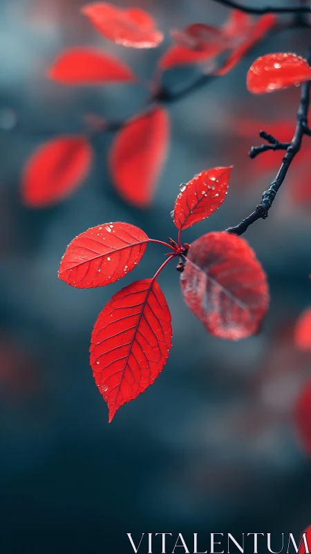 Crimson leaf chorus glittering softly against blue hush.