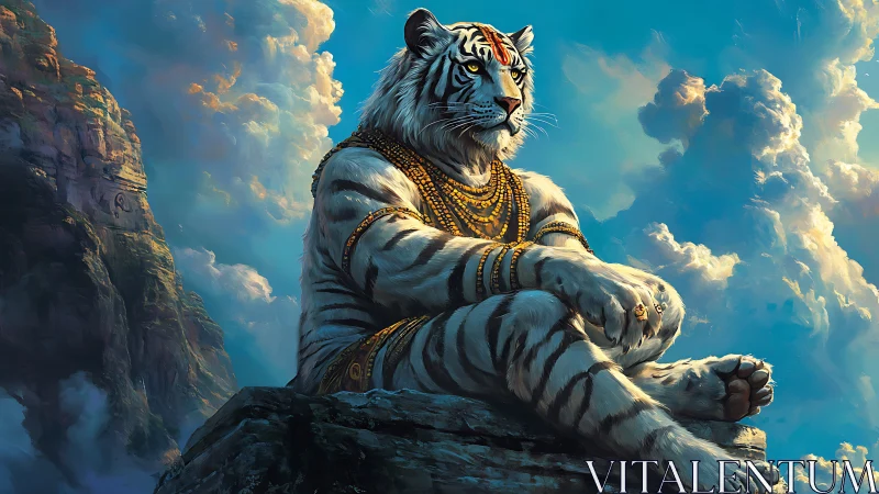 Regal white tiger demigod seated on misty mountain ledge.