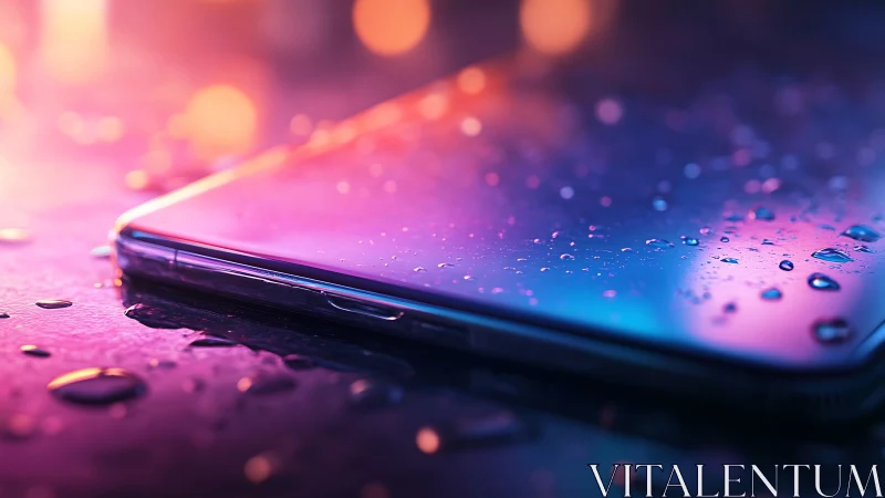 Water resistant smartphone on wet surface in neon bokeh light