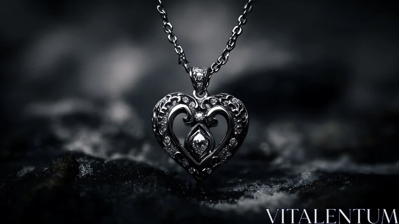 Heart-shaped metal pendant with gemstone on dark chain.