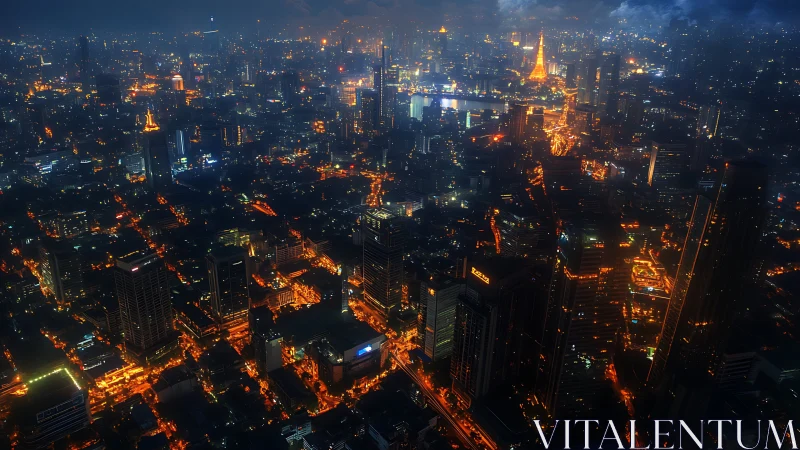 Neon rivers of traffic carve glittering paths through nightfall