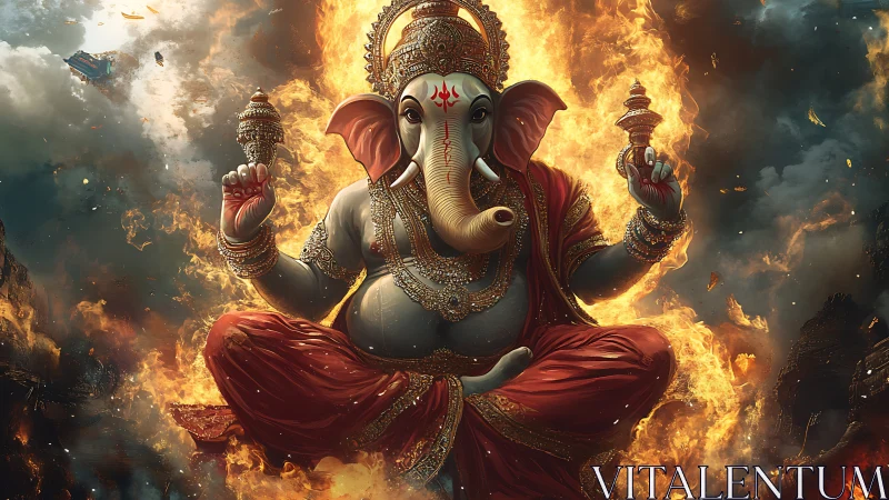 Radiant Ganesha seated in glowing flames of calm blessing.