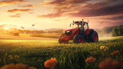 Red tractor in flowering field under low evening sunlight.