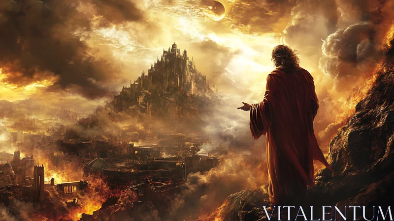 Prophet of embers studies a burning citadel beneath eclipsed skies