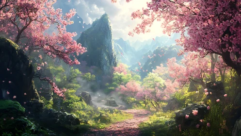 Bloom-laden valley trail under luminous mountain spring light.