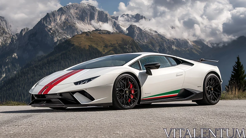 Mountain road whispers while a striped supercar prowls below