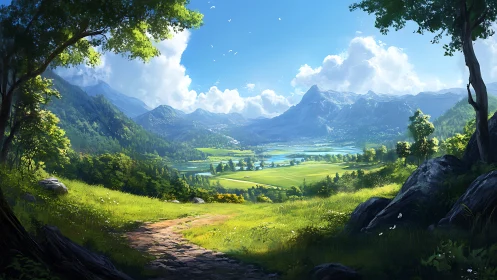 Mountain valley landscape with path, trees, and open fields.