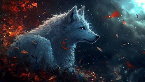 Luminous white wolf amid stormlit autumn leaves at dusk.
