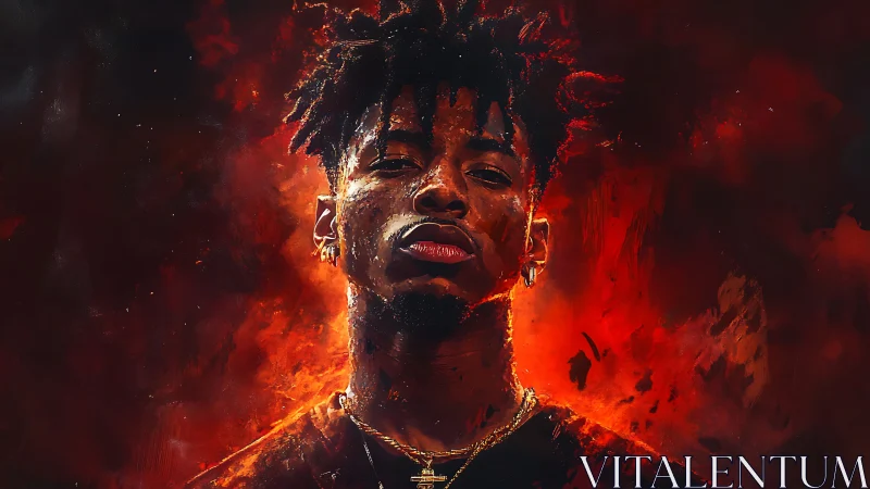 Fierce portrait glows in fiery reds and bold electric light