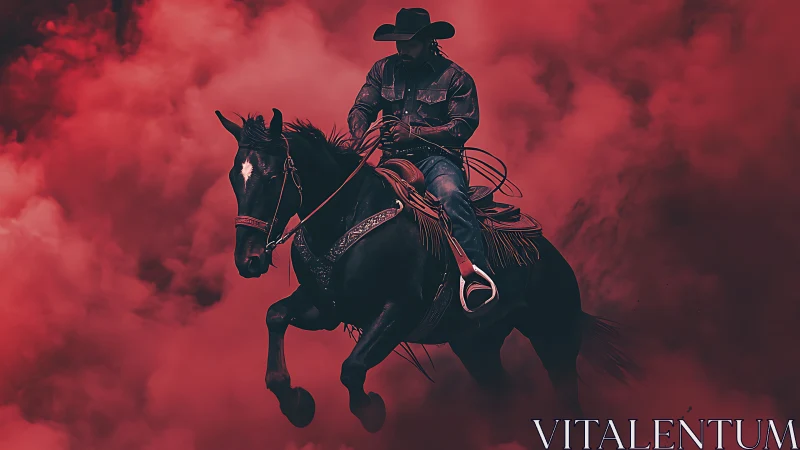 Cowboy on galloping horse in dense red atmospheric smoke.