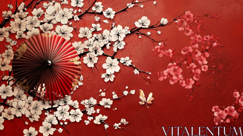 Crimson umbrella serenade beneath drifting plum blossoms.