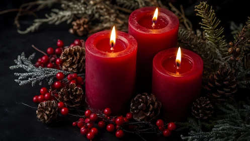 Red pillar candles glow amid winter pine and berries.